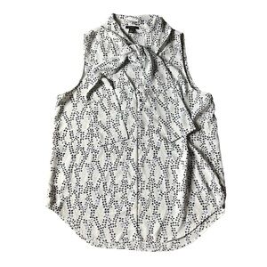 Ann Taylor White Sleeveless Tie-Neck Blouse with Black Leaf Print